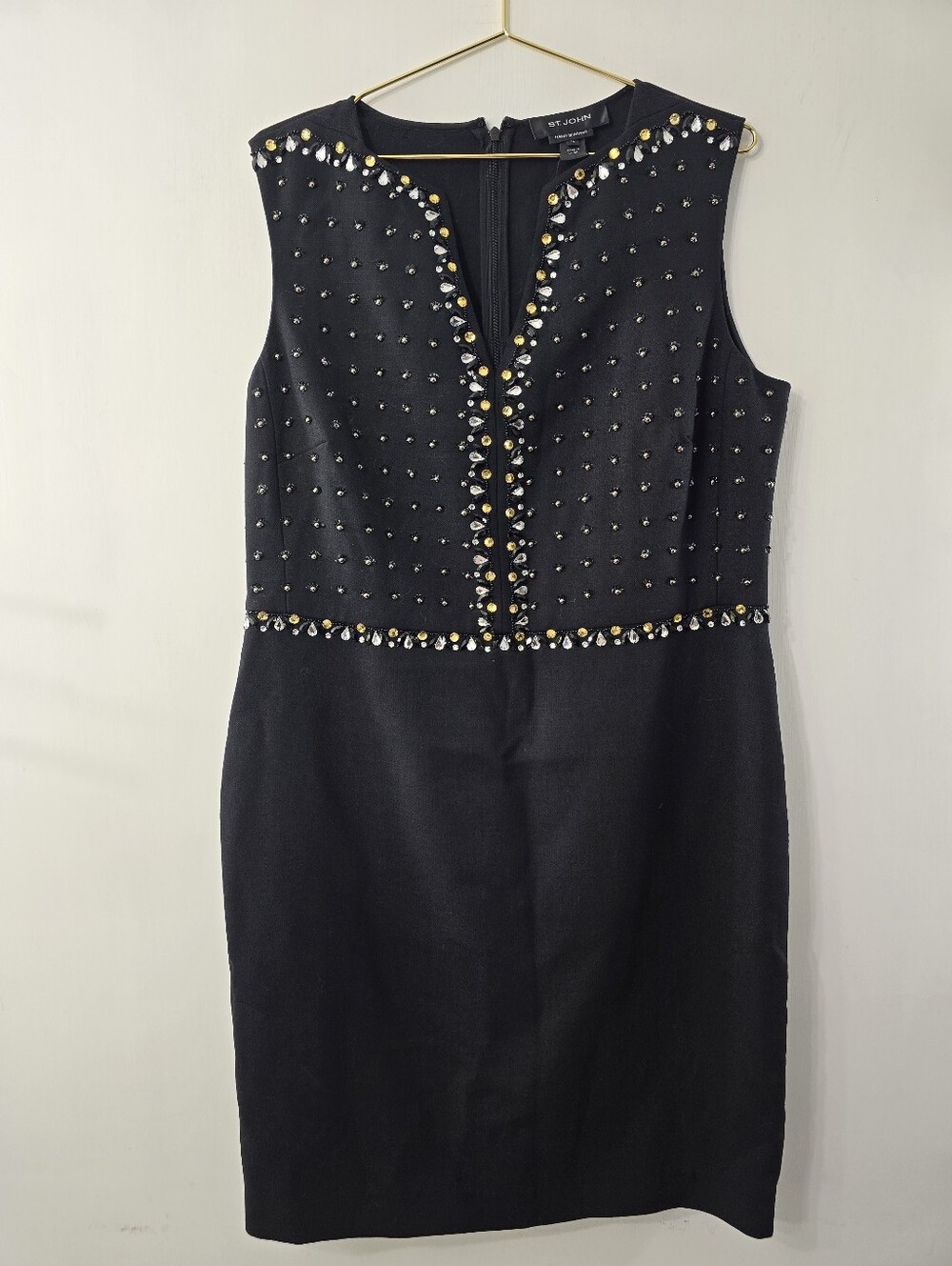 St John Hand Beading Beaded Wool Silk Sleeveless Sheath Dress Black NEW Size 14